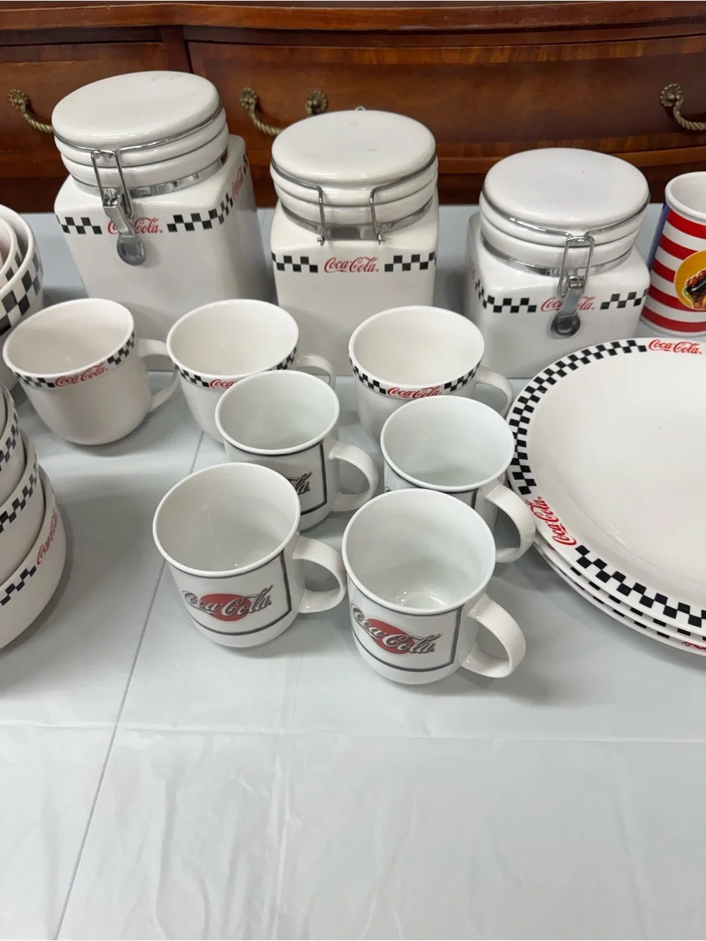 Vintage Coca Cola Gibson White Ceramic Dinnerware Set with Black Check Trim